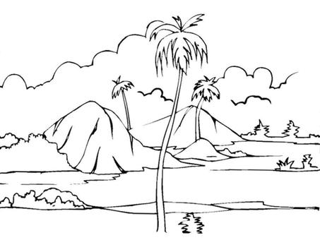 Image of a black and white landscape containing mountains, coconut trees and vegetations, some clouds, and the sea